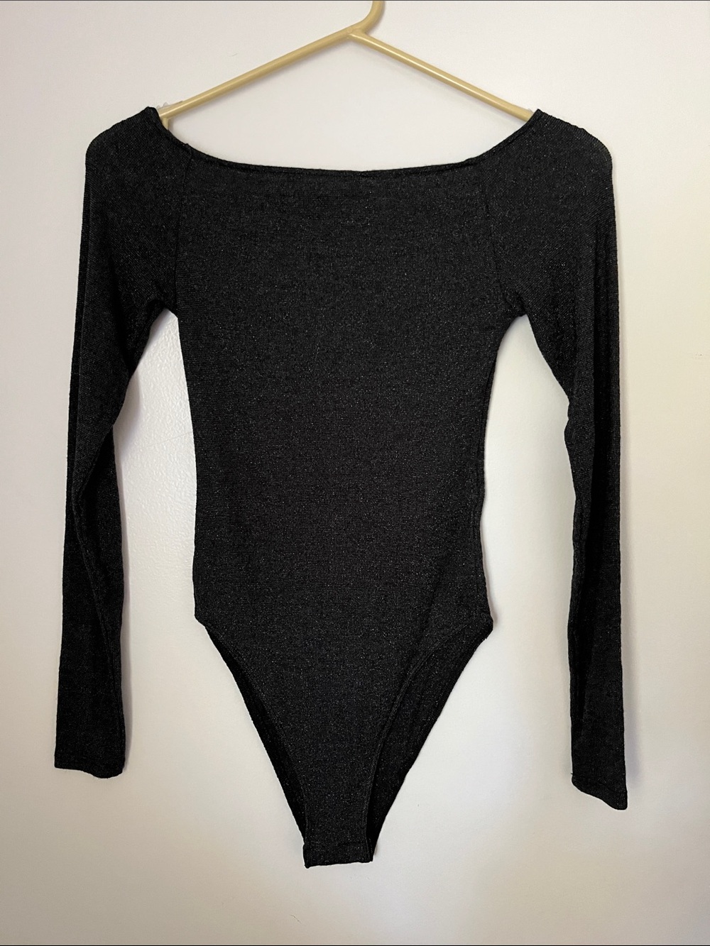 H&M Divided Black Silver Metallic Long-Sleeve Stretchy Bodysuit Top Boatneck